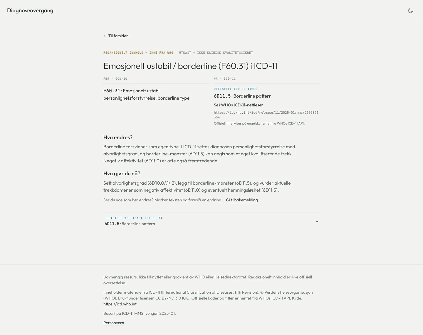 A Diagnoseovergang entry: borderline in ICD-10 next to the borderline pattern in ICD-11